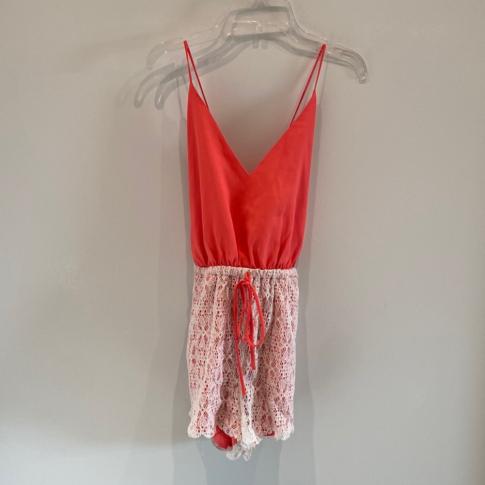 coral and crochet overlay backless rhomper